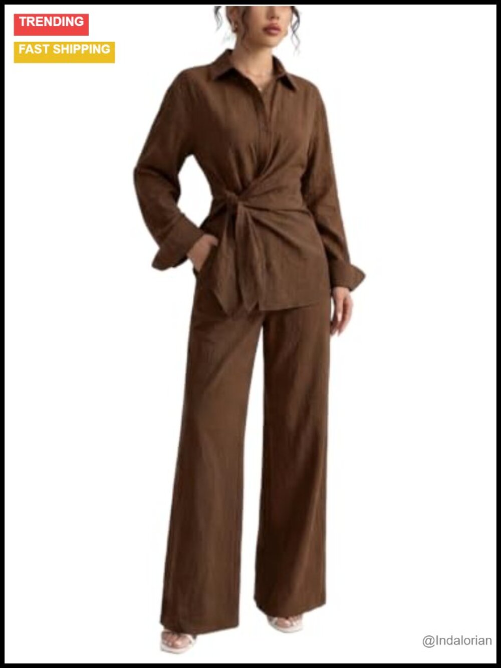 Two Piece Set Long Sleeve Tie Waist Shirt Wide Leg Pants Polyester